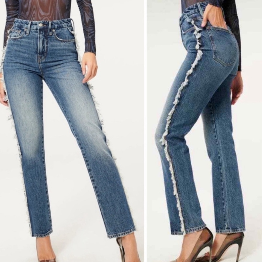 Good American Jeans Women's 15 Good Boy Side Fringed Straight Leg Denim Blue